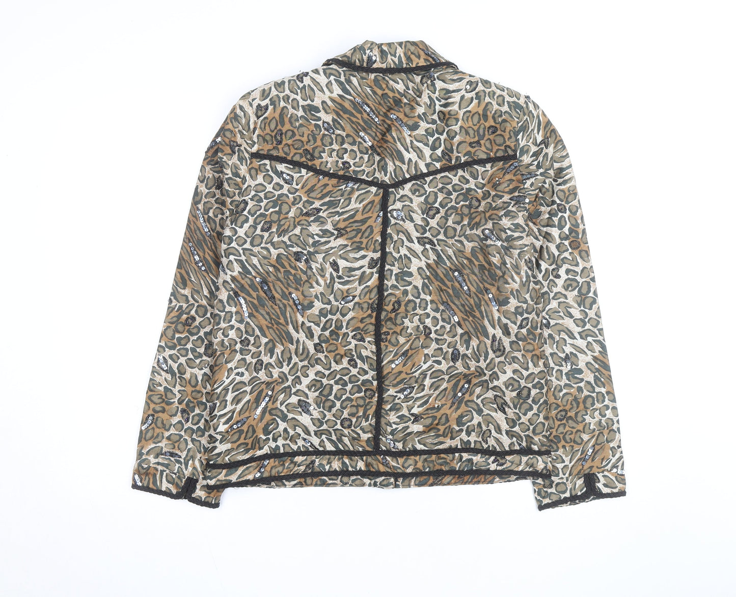Blutique Women Animal Print Silk Sequin Short Jacket Size S Brown