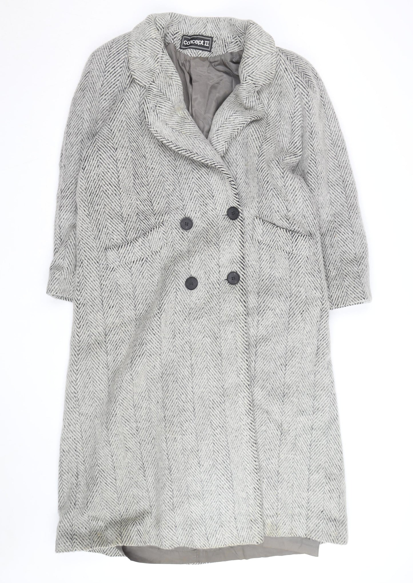 Concept II Women's Grey Wool Herringbone Long Overcoat Size 8