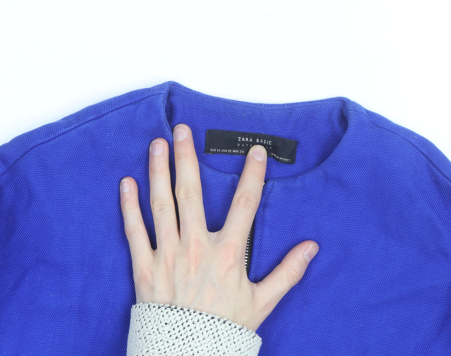 Zara Women Blue Mid-Length Cotton Blend Zip Coat Size S