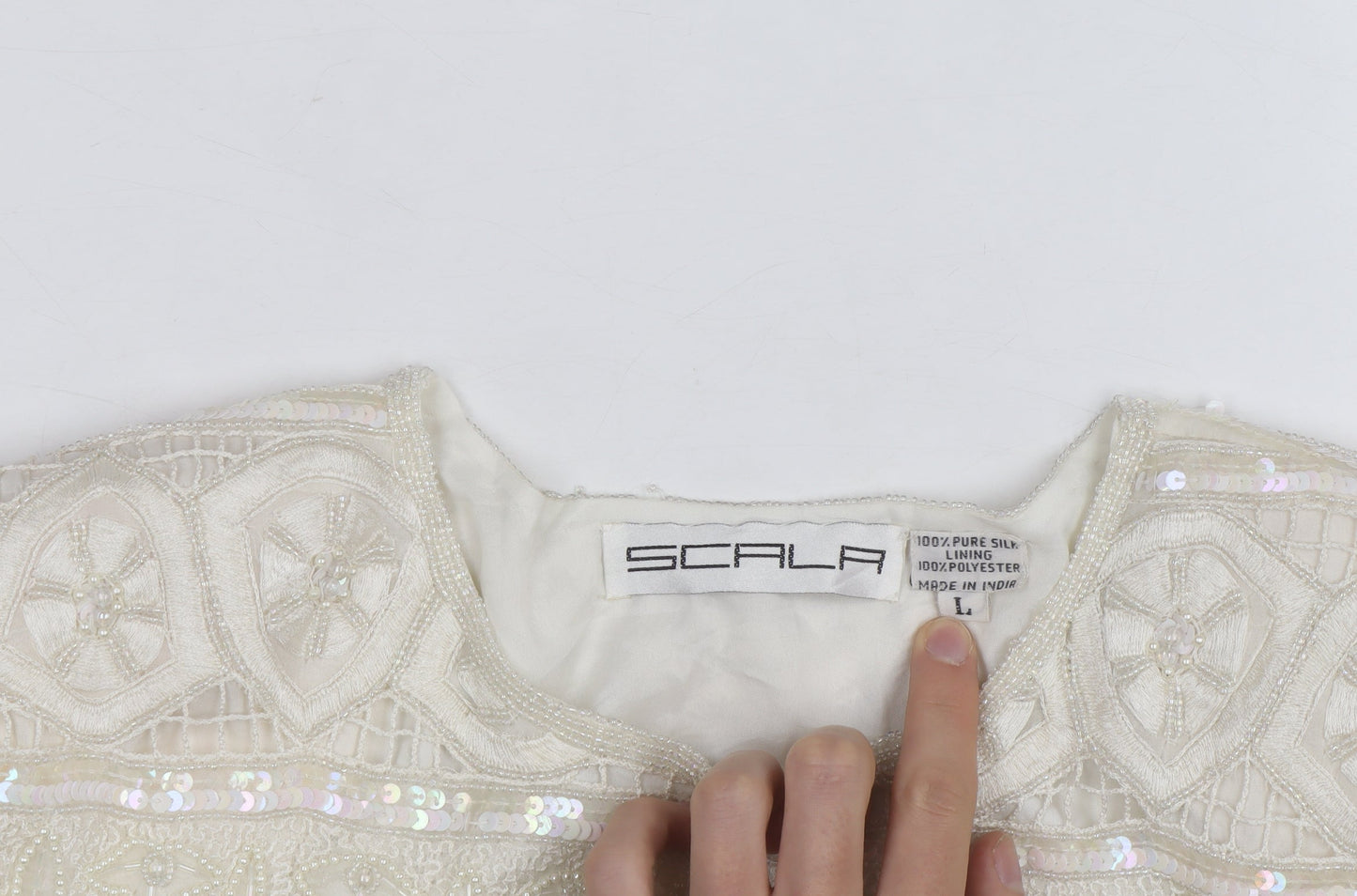 Scala Women Ivory Beaded Sequin Silk Cardigan Size L Formal