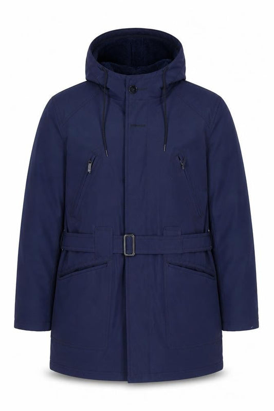 Avino Men Blue Hooded Belted Parka Coat Size 41 Regular Fit Winter