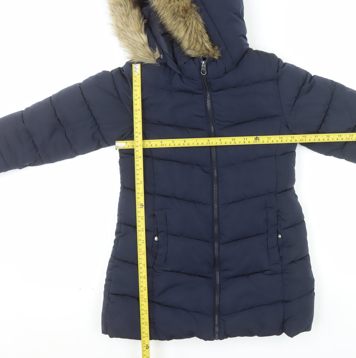 MNG Girls Blue Hooded Long Puffer Coat Size 8 Years Faux Fur Trim Winter Jacket