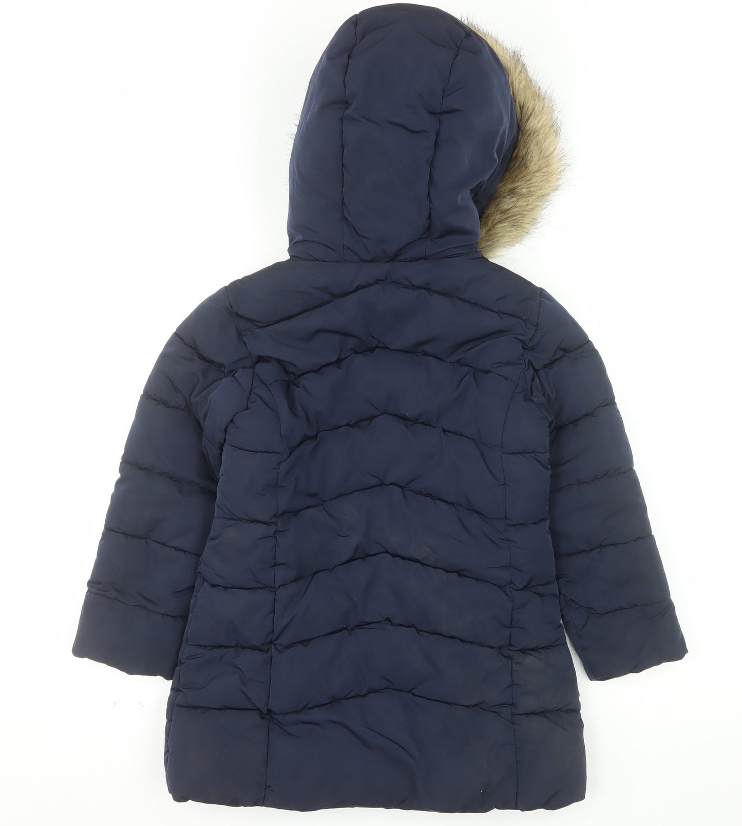 MNG Girls Blue Hooded Long Puffer Coat Size 8 Years Faux Fur Trim Winter Jacket