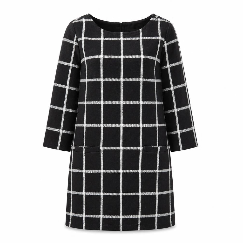 Laura Ashley Womens Black Check Shift Dress Size 12 3/4 Sleeve Knit