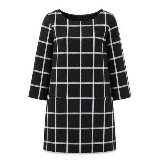 Laura Ashley Womens Black Check Shift Dress Size 12 3/4 Sleeve Knit