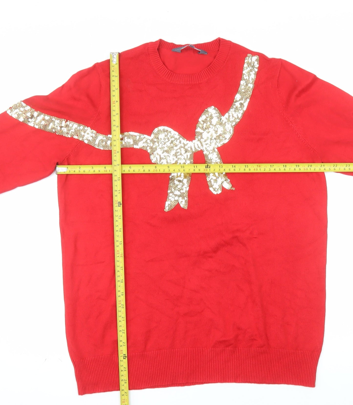 Sosandar Women Red Sequin Bow Christmas Jumper Size 16