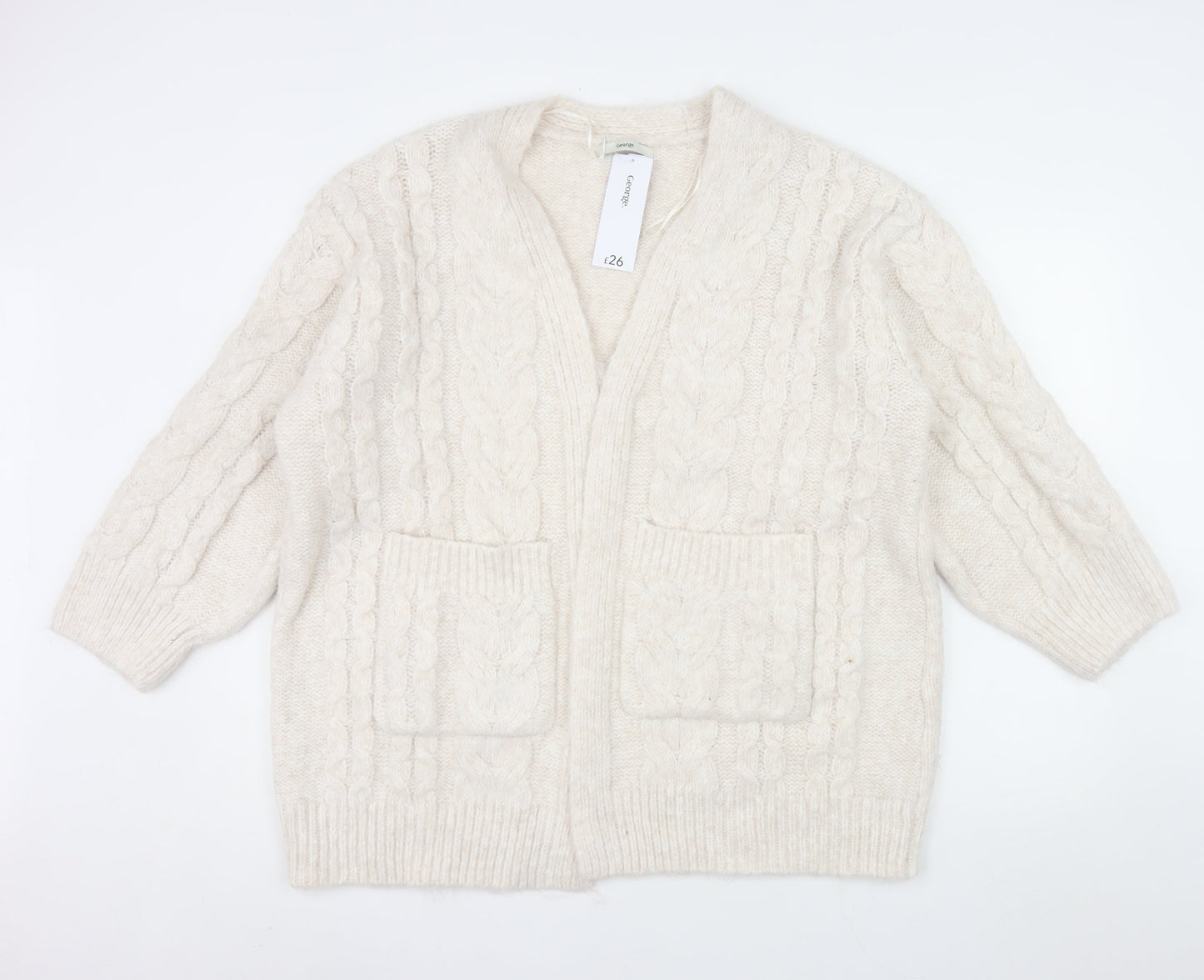 George Womens Ivory Cable Knit Long Sleeve Cardigan M 12-14