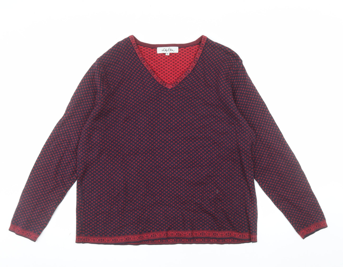 Lily Ella Women's Red Geometric V-Neck Cotton Jumper XL
