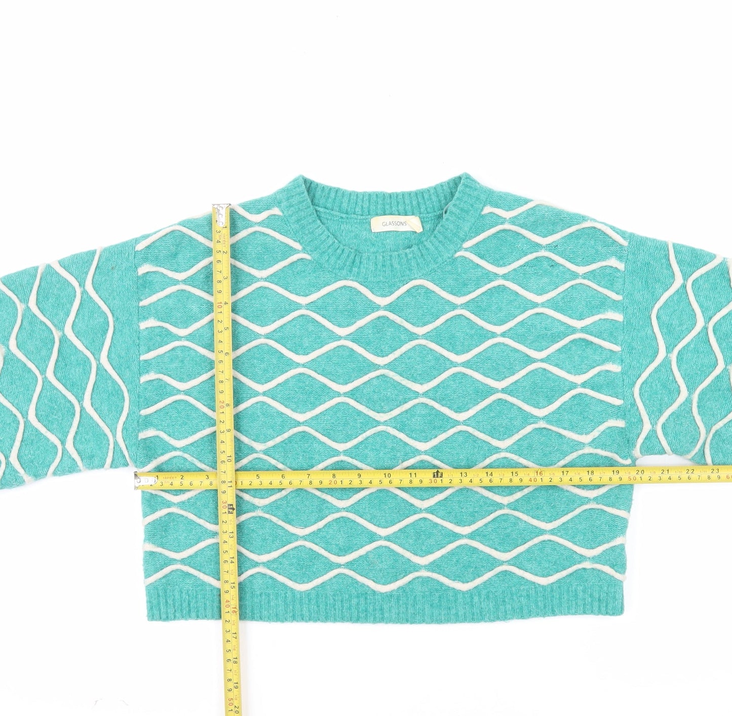 Glassons Women Green Geometric Knit Crew Neck Pullover Jumper Size M