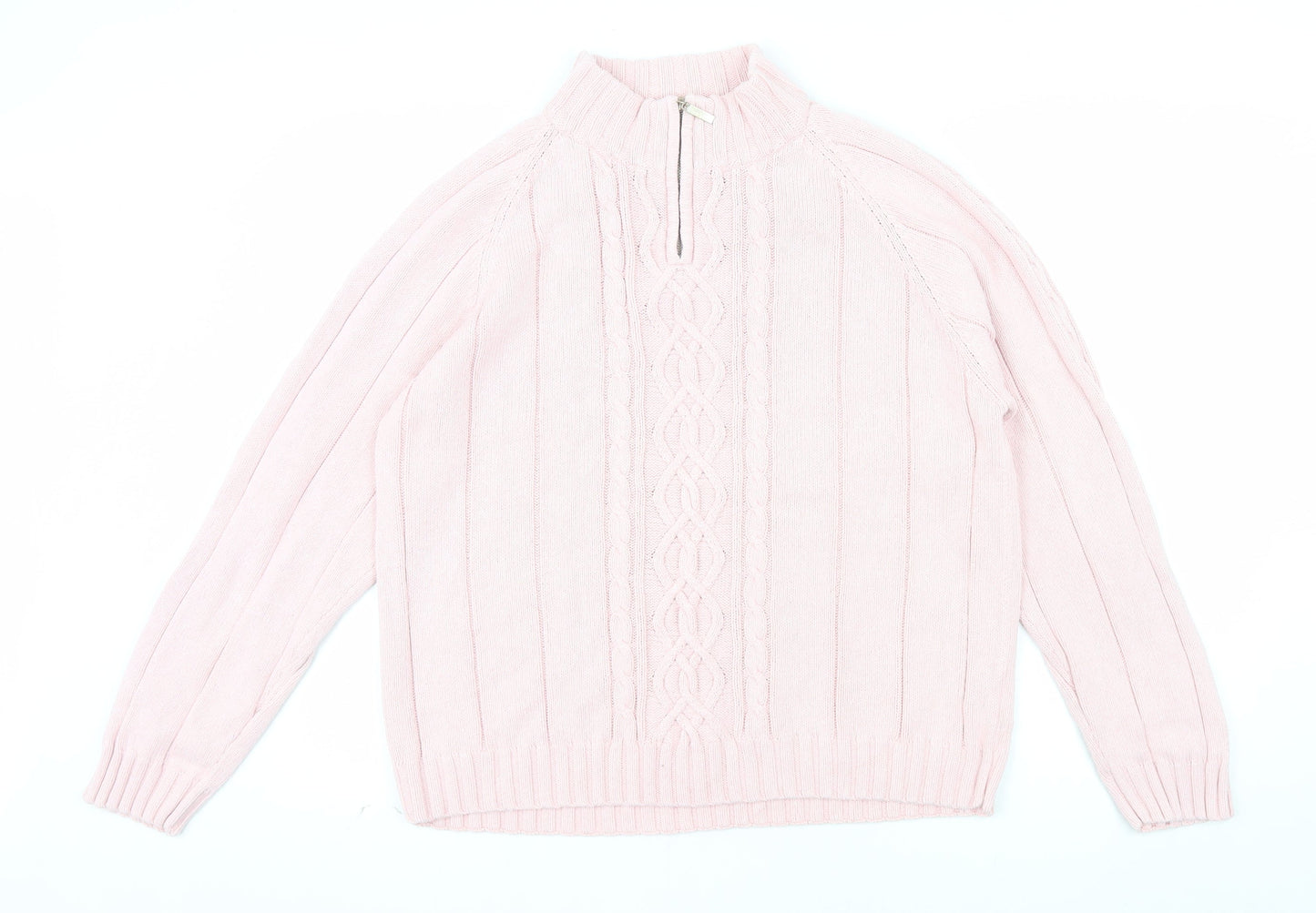 Tulchan Women Pink XL Cable-Knit Cotton Mock Neck Pullover Jumper