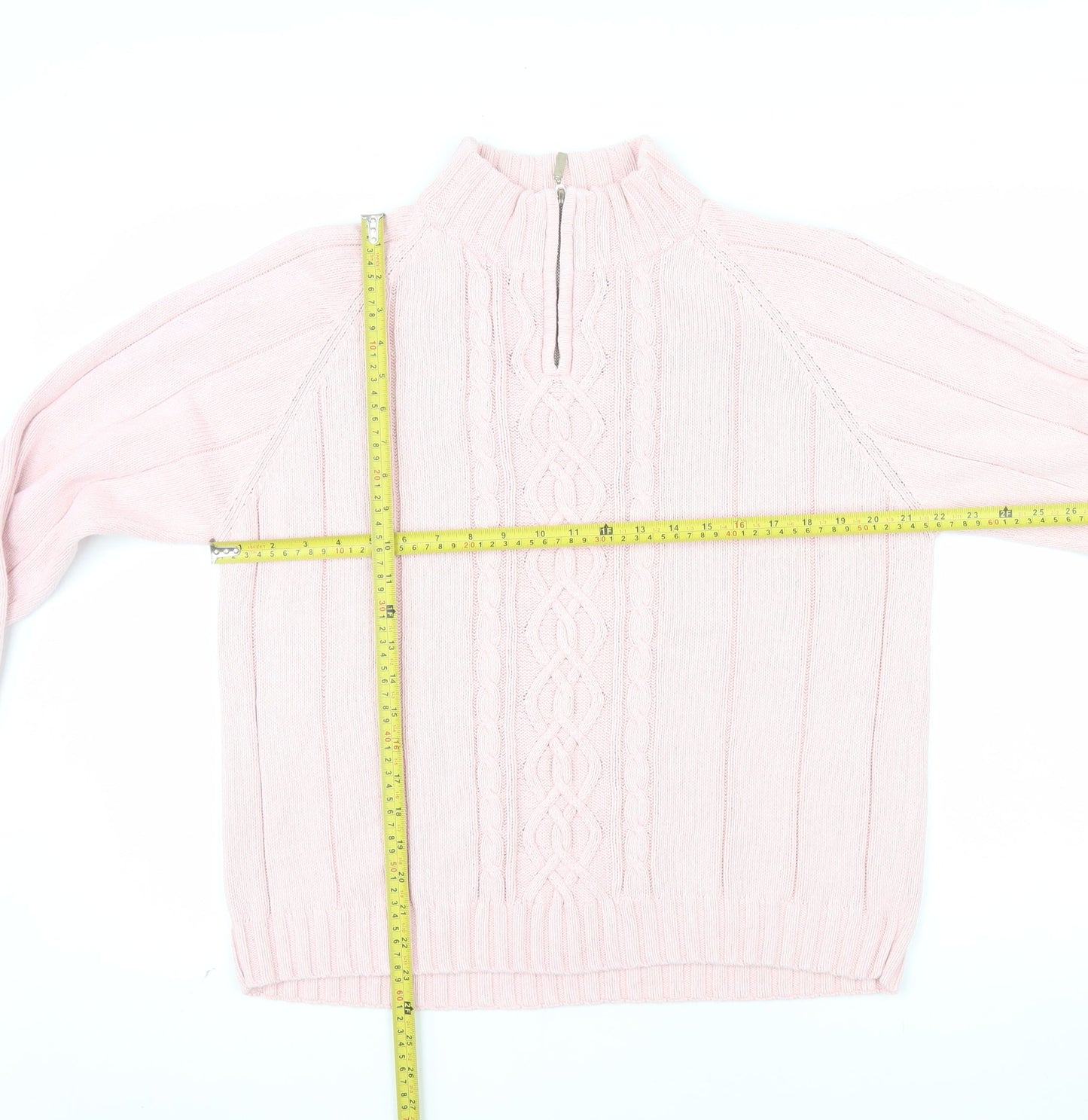 Tulchan Women Pink XL Cable-Knit Cotton Mock Neck Pullover Jumper