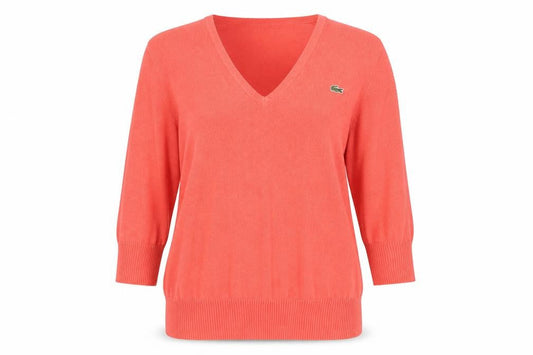 Front view of Lacoste women’s orange v-neck cotton cashmere jumper, size UK 14