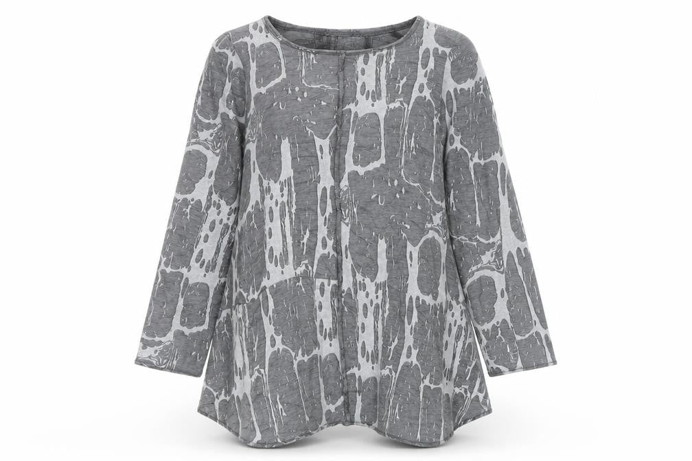 Vetono Womens Grey Tunic Top L Long Sleeve Round Neck Relaxed Fit
