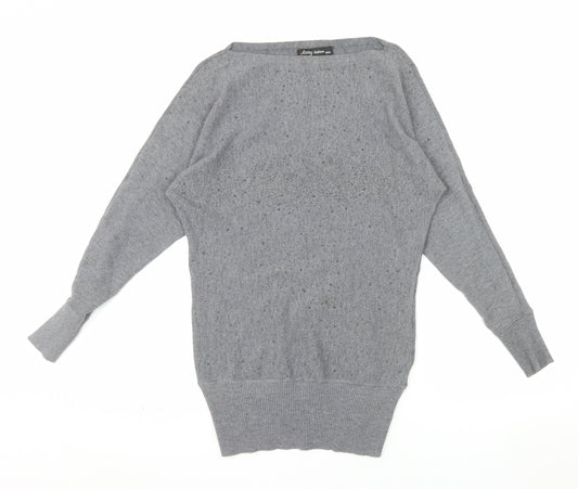 Anny Fashion Women Grey Rhinestone Boat Neck Knit Jumper Size S