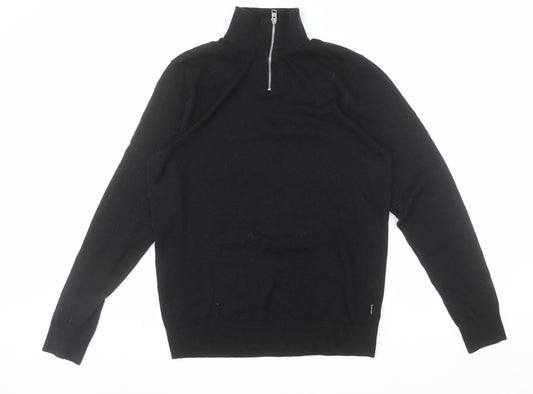 Jack & Jones Men's Black Half Zip High Neck Cotton Blend Jumper M