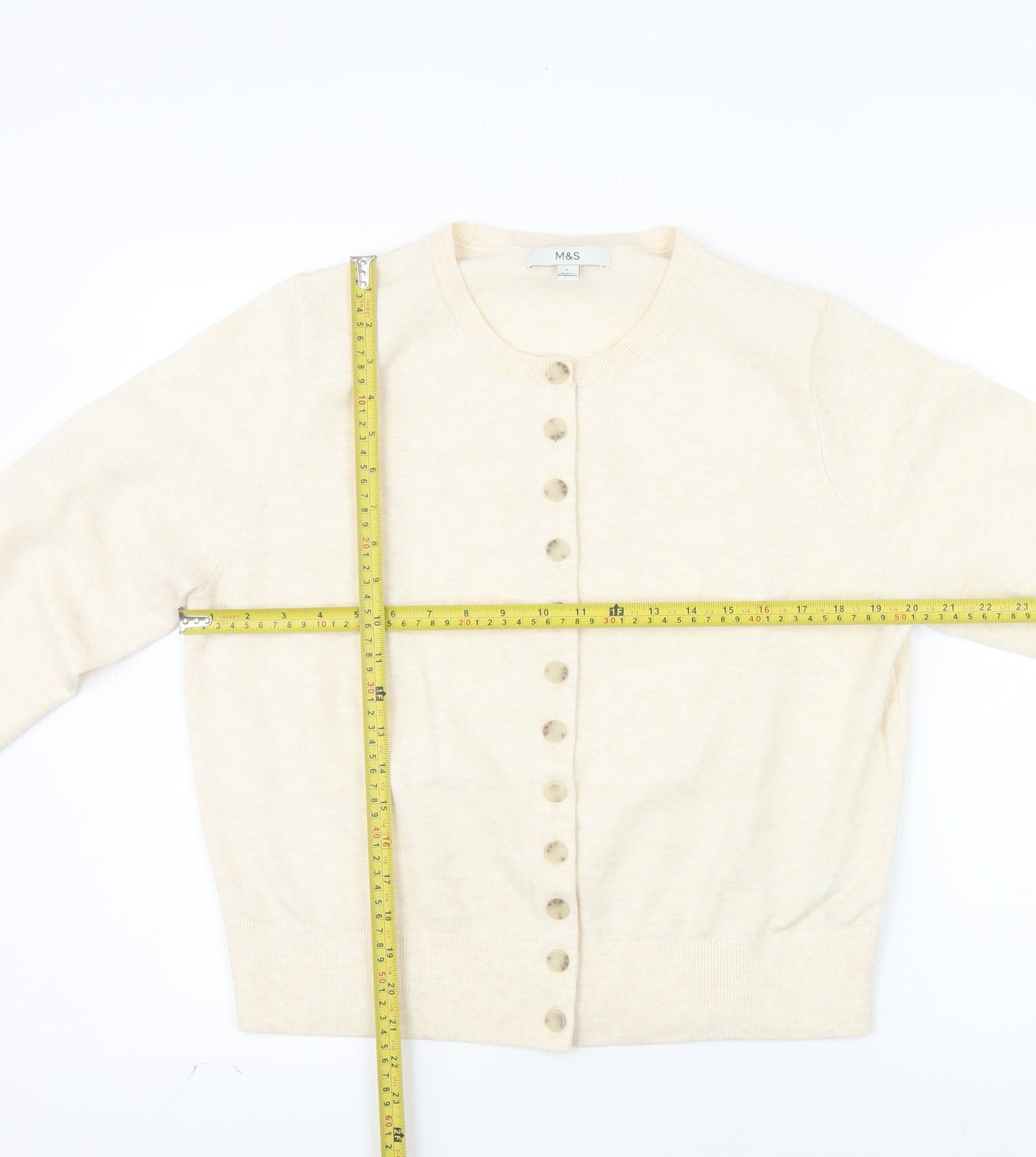 Marks and Spencer Women Beige L Cardigan Crew Neck Wool Blend