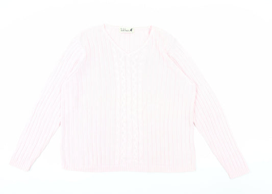 Tulchan Women Pink Cotton V-Neck Cable Knit Jumper Size L