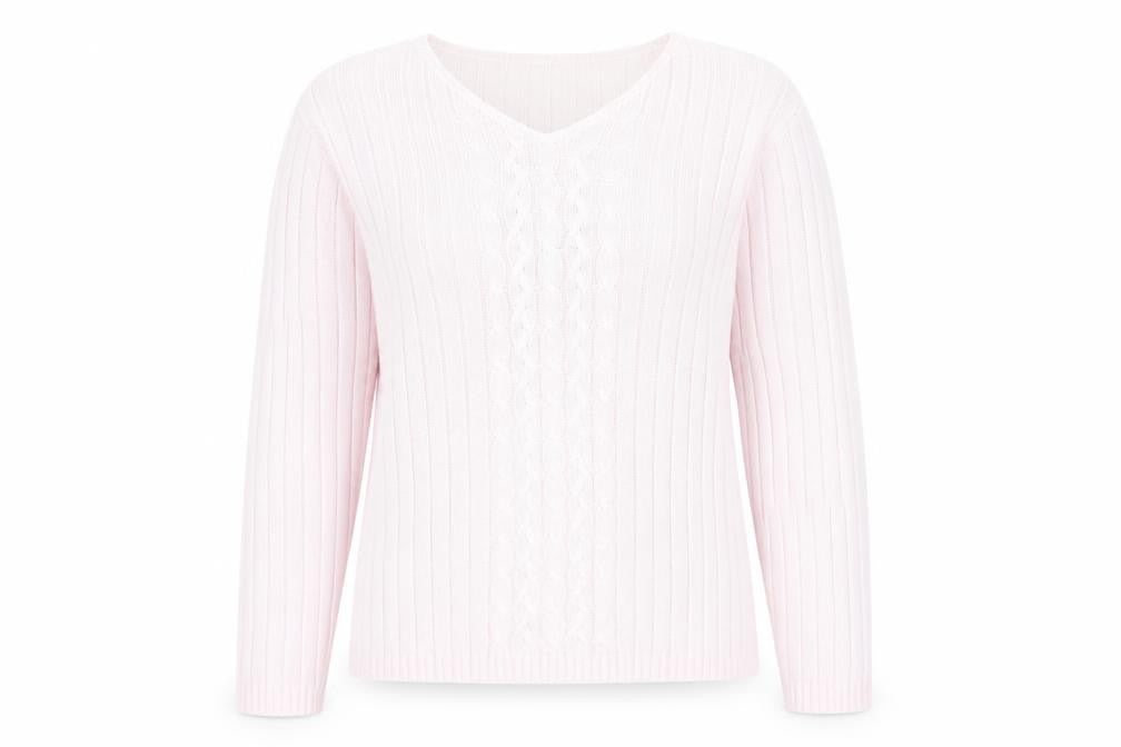 Tulchan Women Pink Cotton V-Neck Cable Knit Jumper Size L