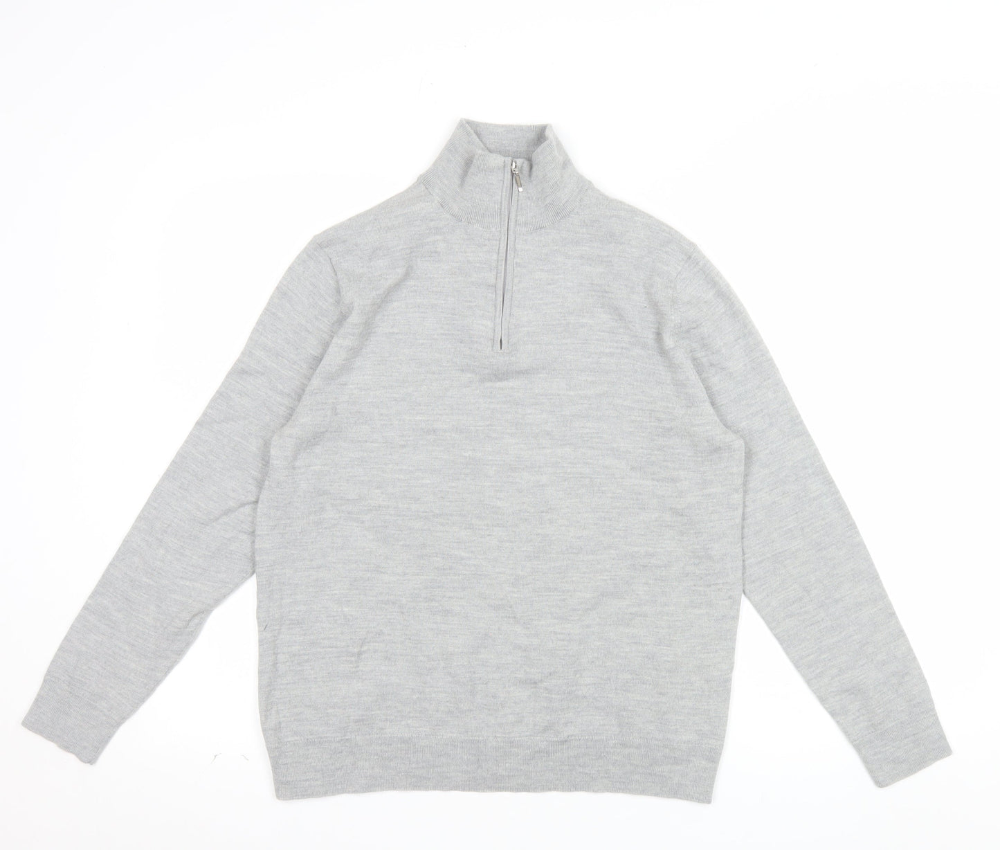 Moss Mens Grey L Half Zip Merino Wool Blend Jumper