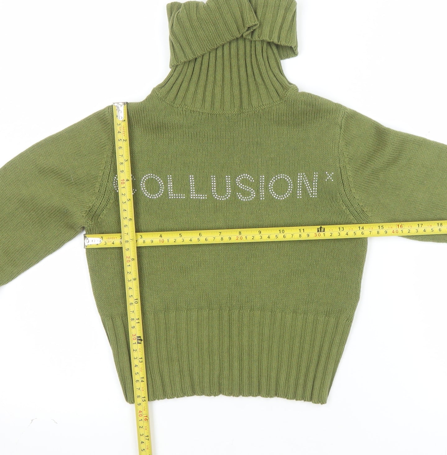 Collusion Women's Green Roll Neck Logo Jumper Size 4