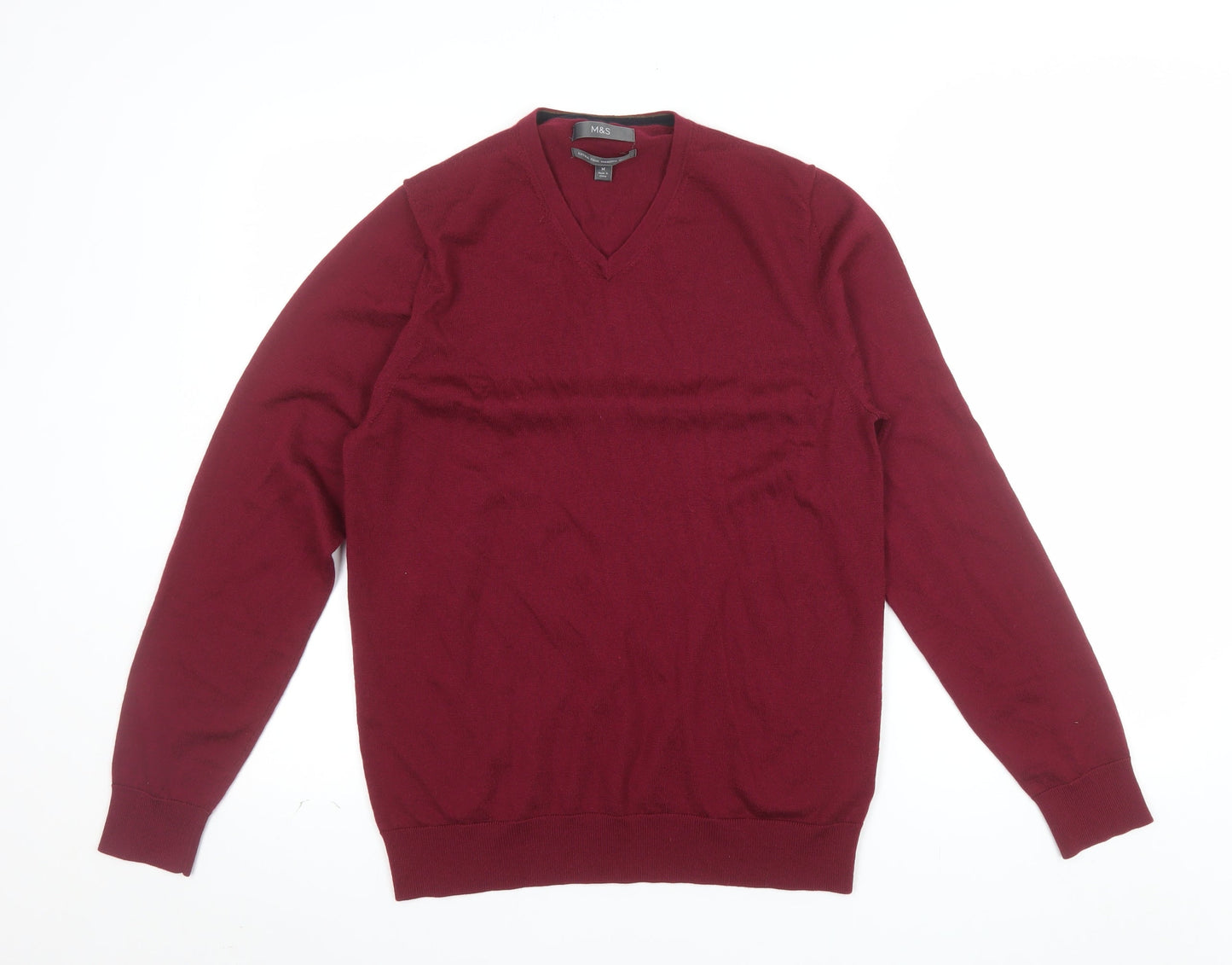 Marks and Spencer Mens Red Merino Wool V-Neck Jumper M