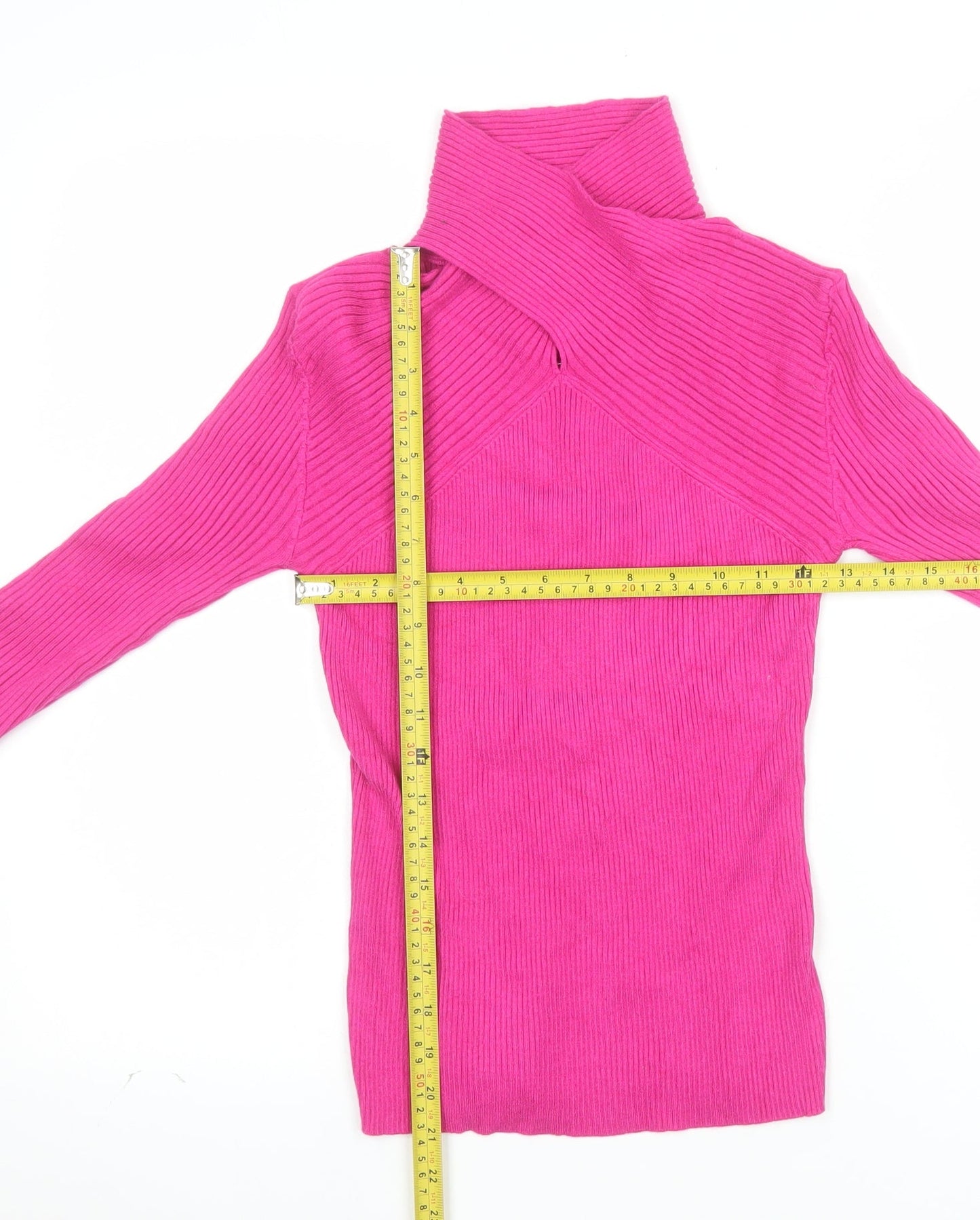 Warehouse Women's Pink Roll Neck Ribbed Knit Slim Fit Jumper Size S