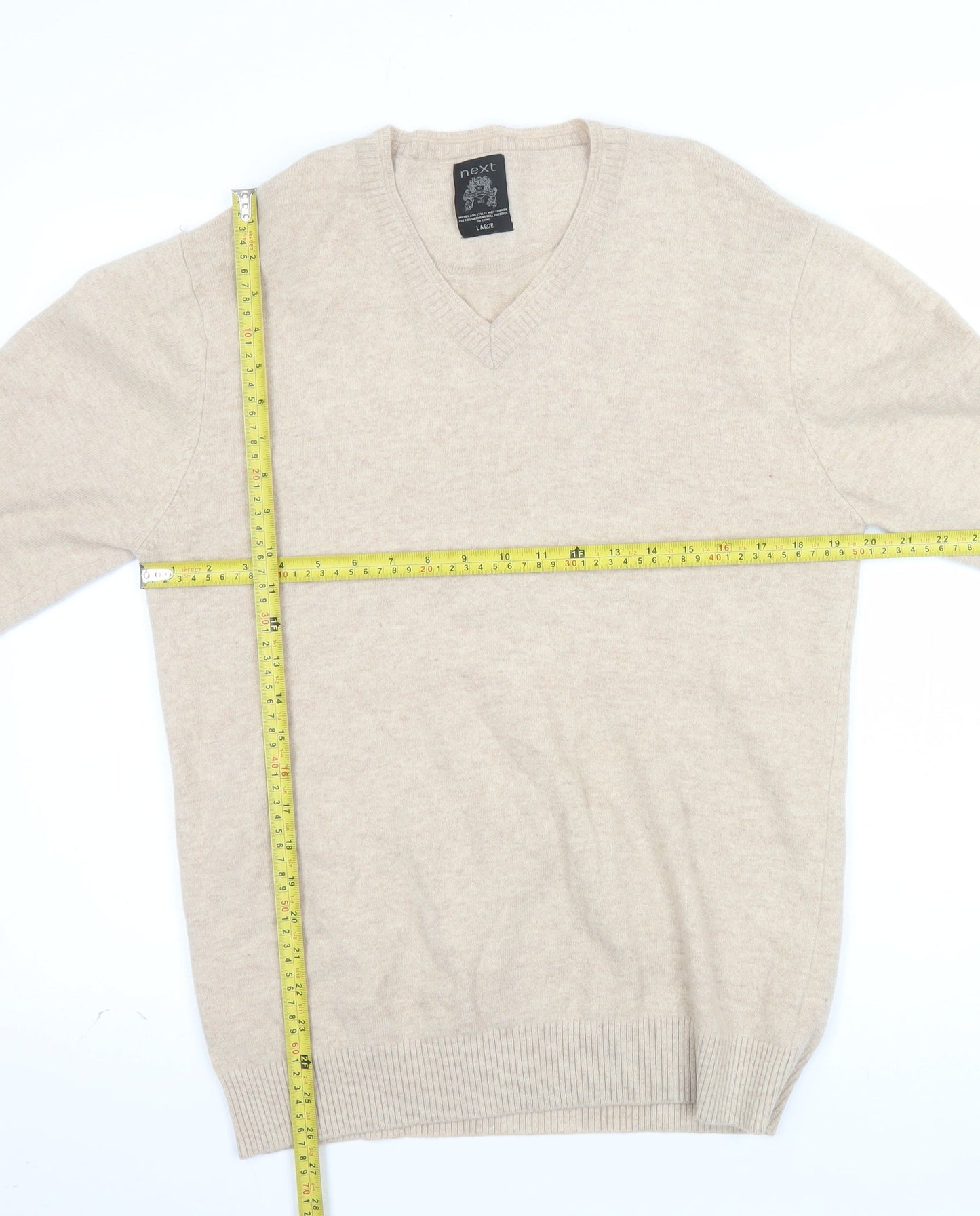 Next Men Beige Wool Cashmere V-Neck Jumper Size Large