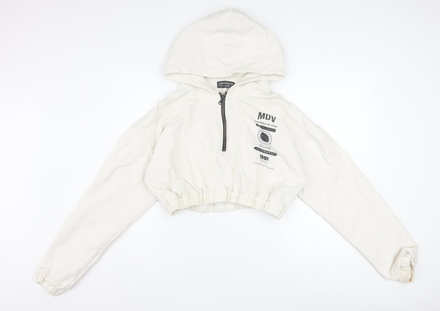 Maniere De Voir Women's Ivory 1/4 Zip Cropped Hoodie Size 12