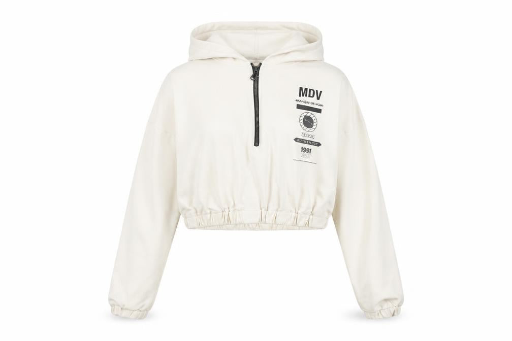 Maniere De Voir Women's Ivory 1/4 Zip Cropped Hoodie Size 12