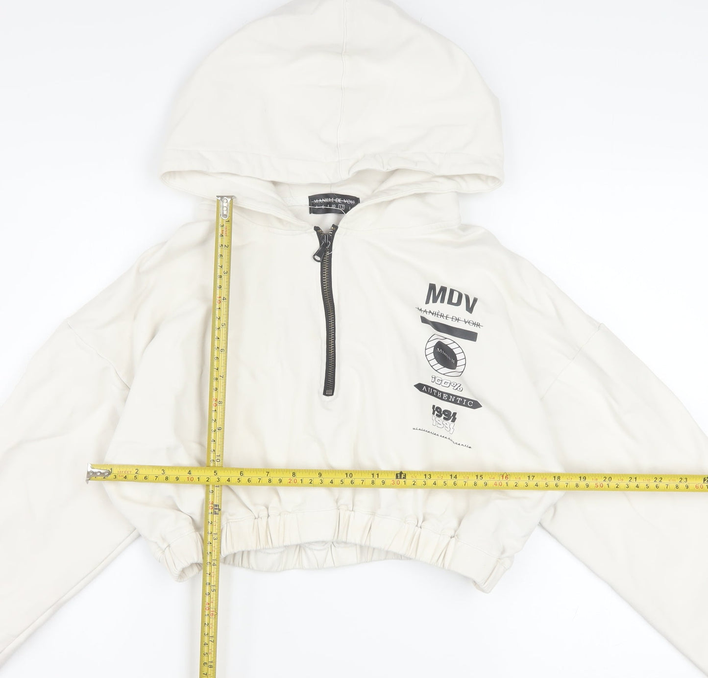 Maniere De Voir Women's Ivory 1/4 Zip Cropped Hoodie Size 12