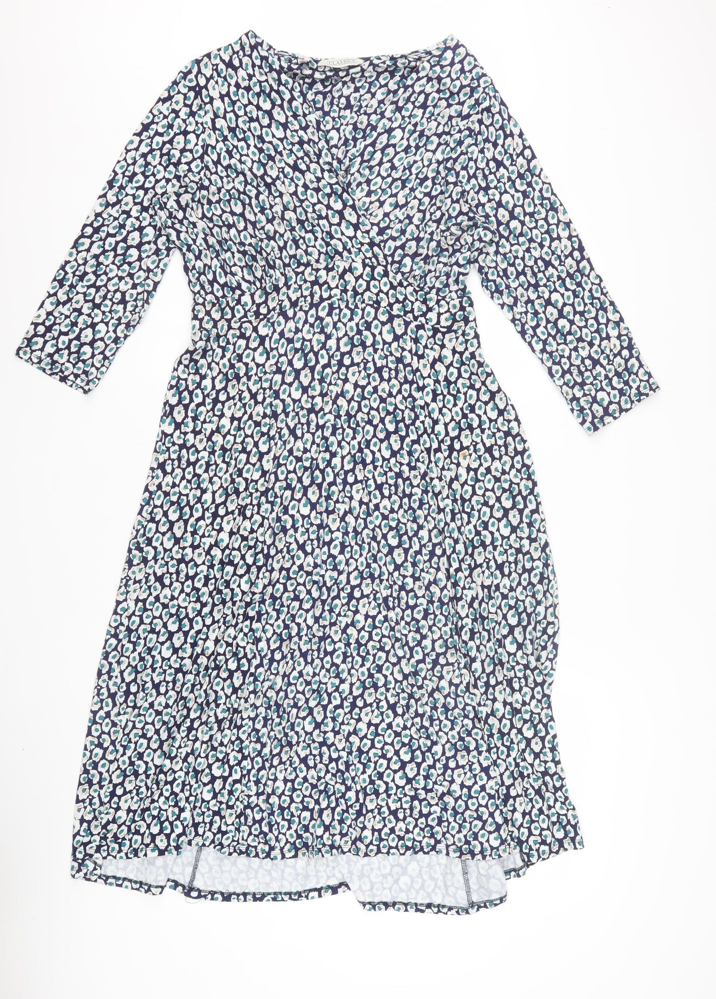 BHS Women’s Blue Animal Print Wrap Dress Size 14 V-Neck 3/4 Sleeve