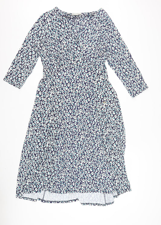 BHS Women’s Blue Animal Print Wrap Dress Size 14 V-Neck 3/4 Sleeve