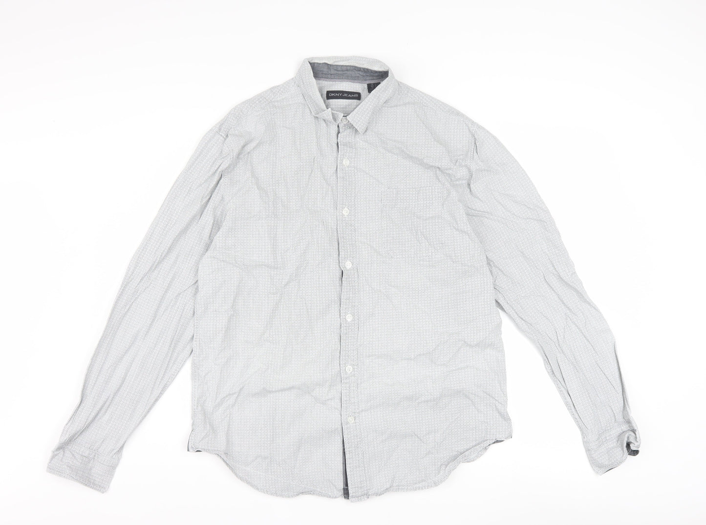 DKNY Jeans Men's Grey Geometric 100% Cotton Long Sleeve Regular Fit Dress Shirt L