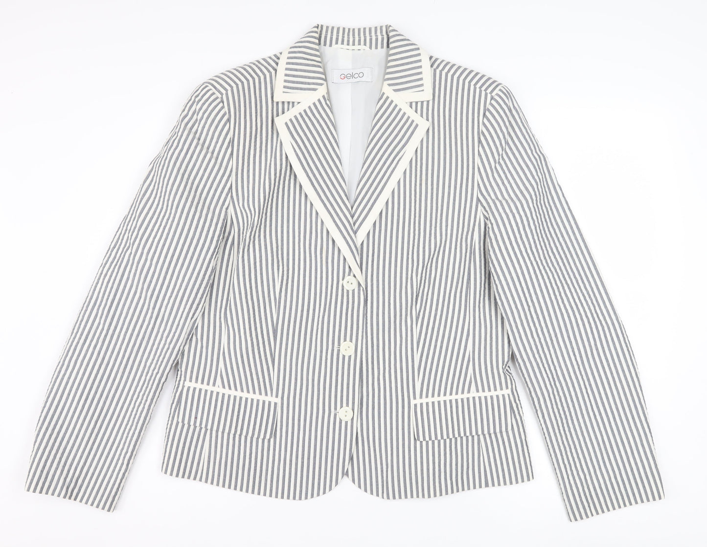 Gelco Women Grey Striped Cotton Blend Classic Blazer Size 16