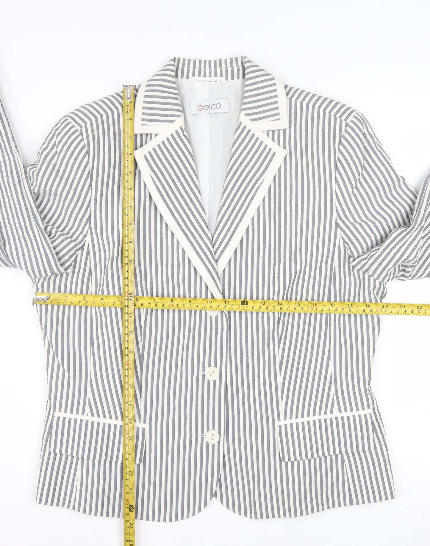 Gelco Women Grey Striped Cotton Blend Classic Blazer Size 16