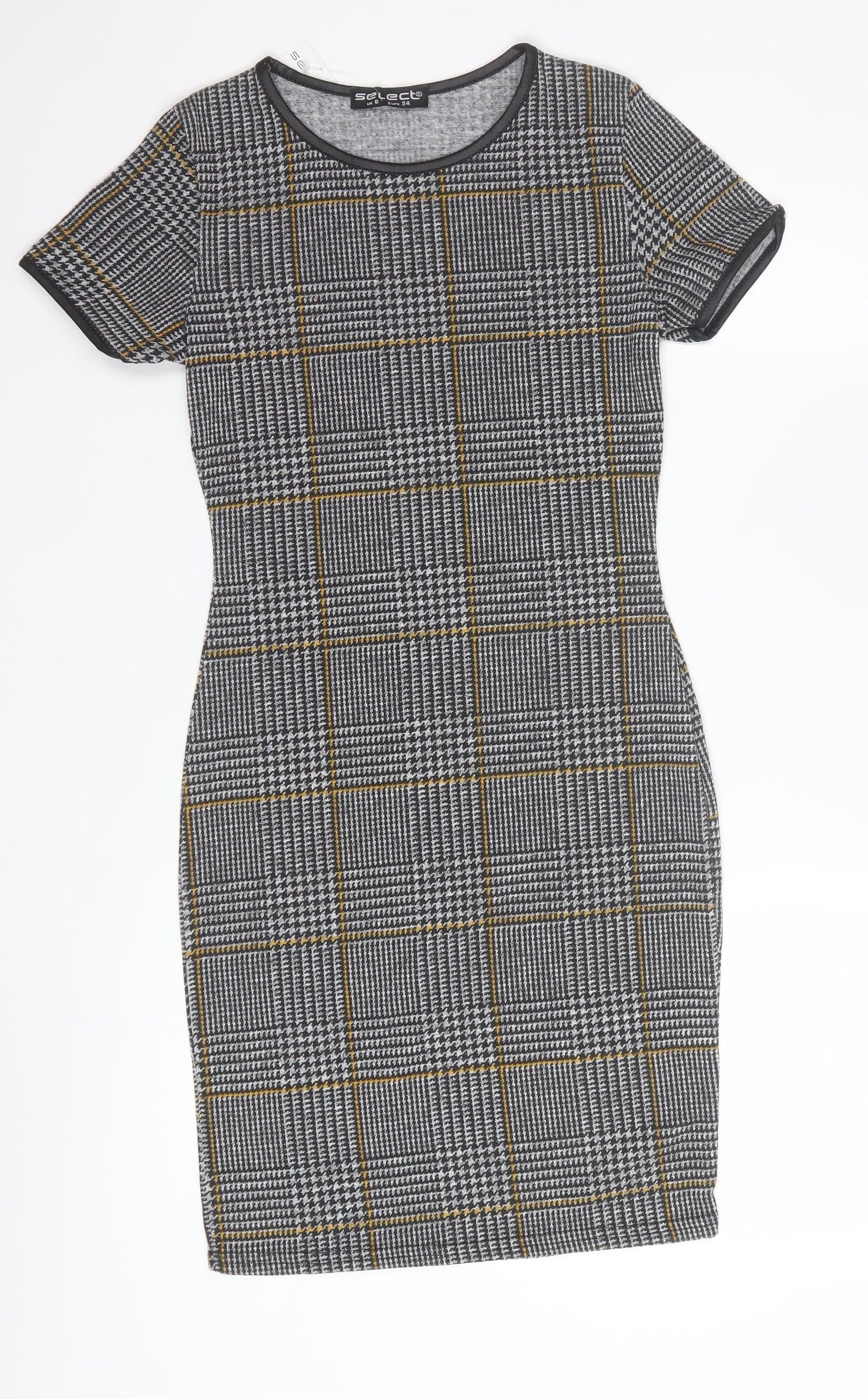 Select Women's Grey Check Bodycon Dress Size 6 Short Sleeve