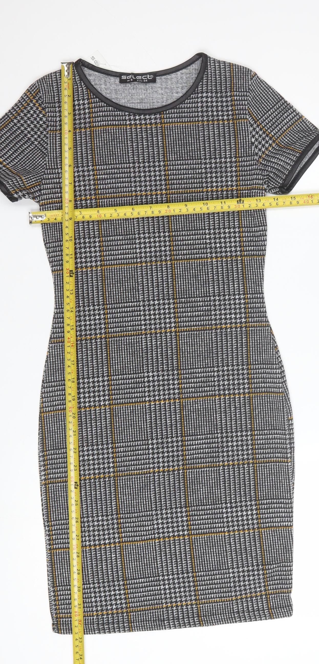 Select Women's Grey Check Bodycon Dress Size 6 Short Sleeve