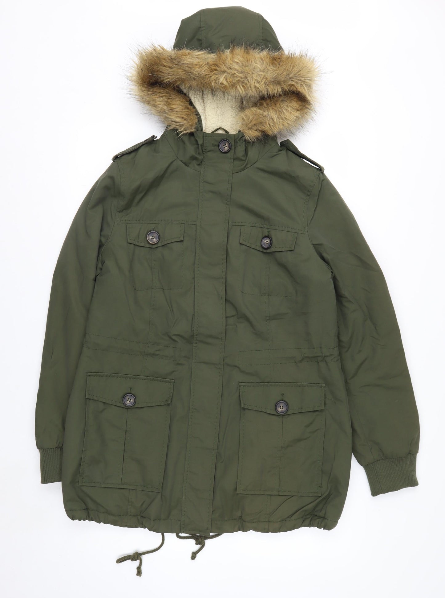 G.H. Bass & Co. Men's Green Mid-Length Parka Jacket M Hooded Faux Fur Lined
