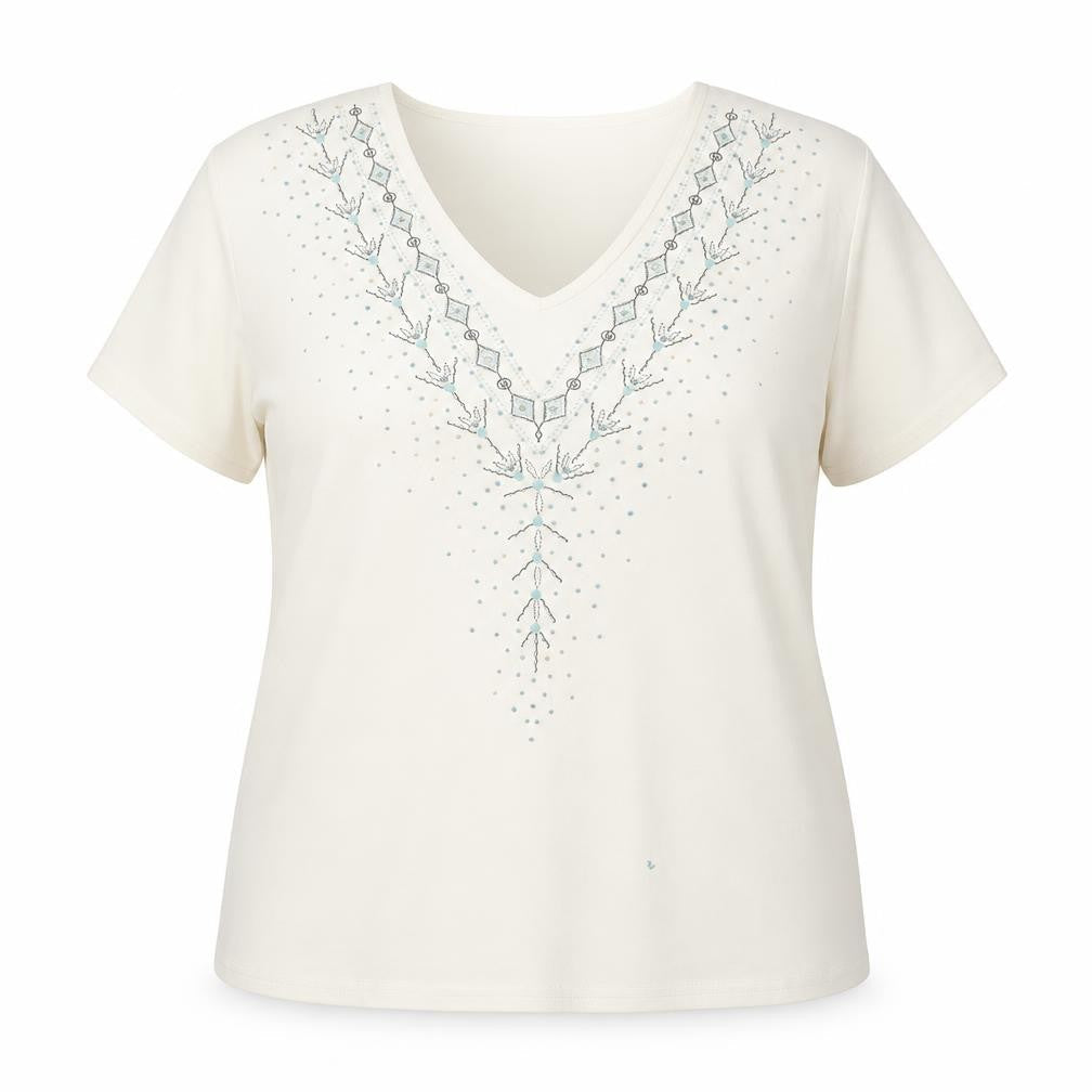Riddella Women’s Ivory Beaded V-Neck Stretch T-Shirt Size 16