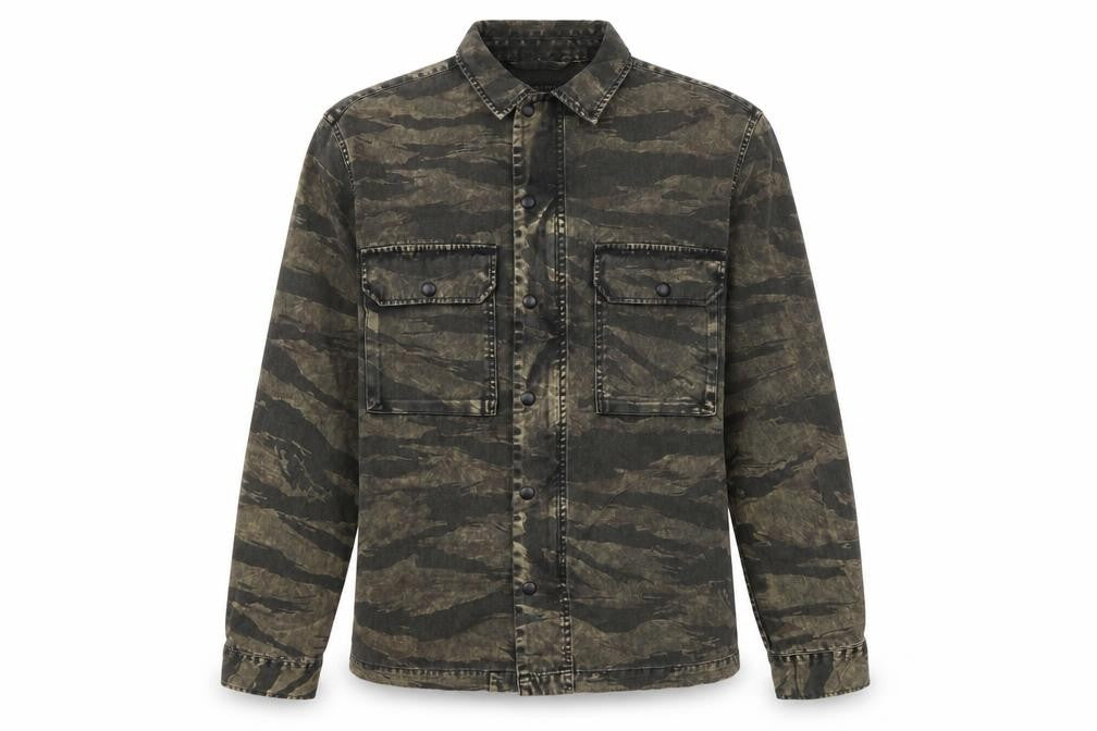 AllSaints Men's Green Camouflage Relaxed Fit Cotton Button-Up Shirt Small