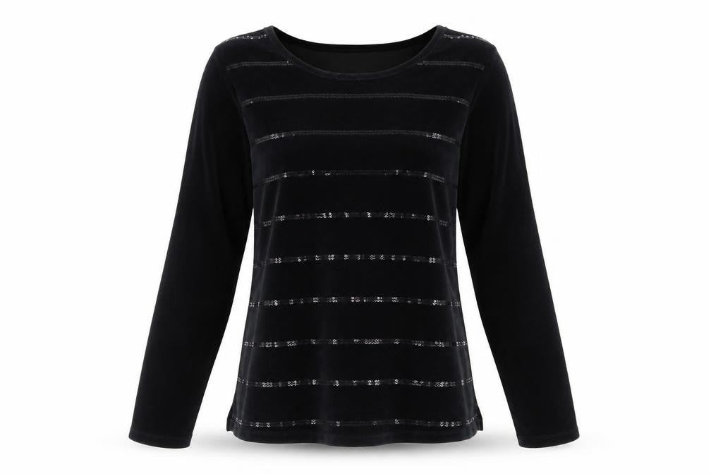 Quacker Factory Women's Black Sequin Velvet Long Sleeve Top Size M