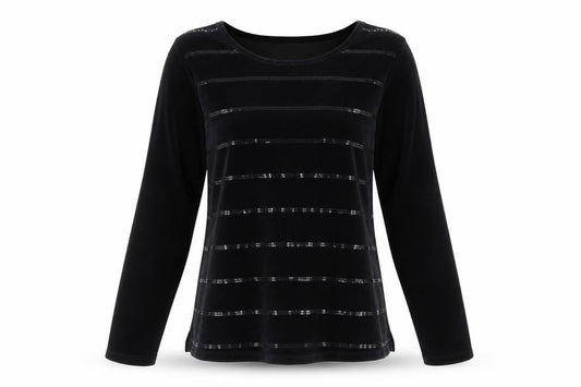 Quacker Factory Women's Black Sequin Velvet Long Sleeve Top Size M