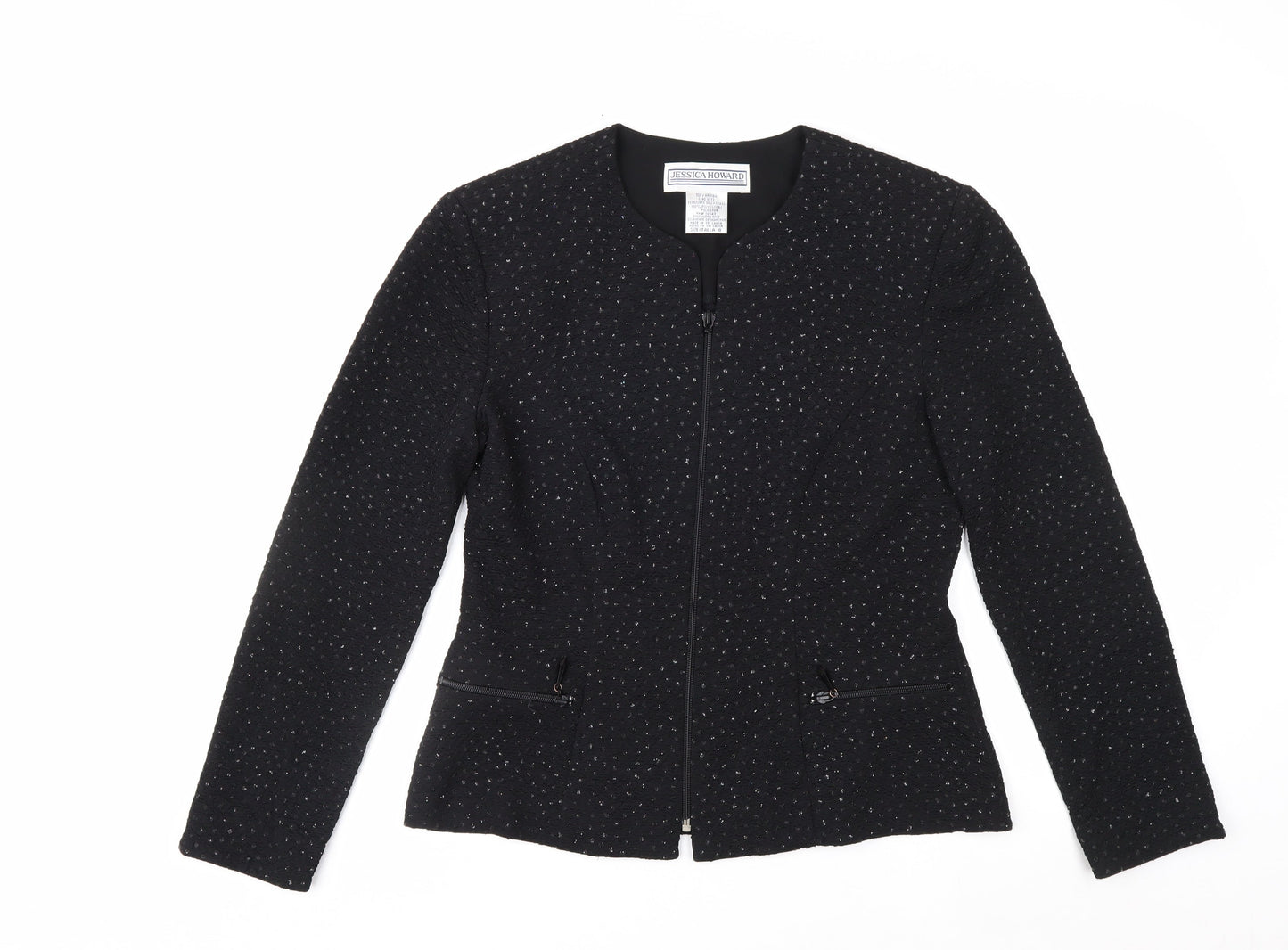 Jessica Howard Womens Black Textured Zip Blazer Size 12