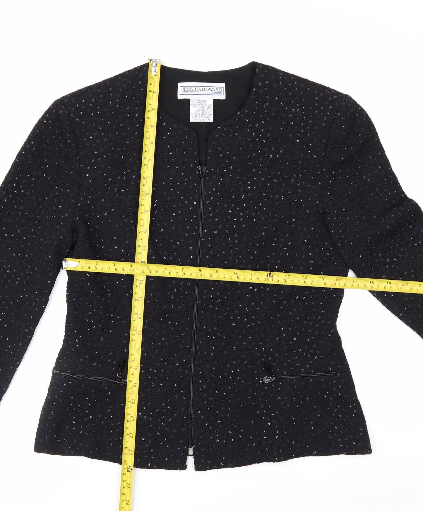 Jessica Howard Womens Black Textured Zip Blazer Size 12