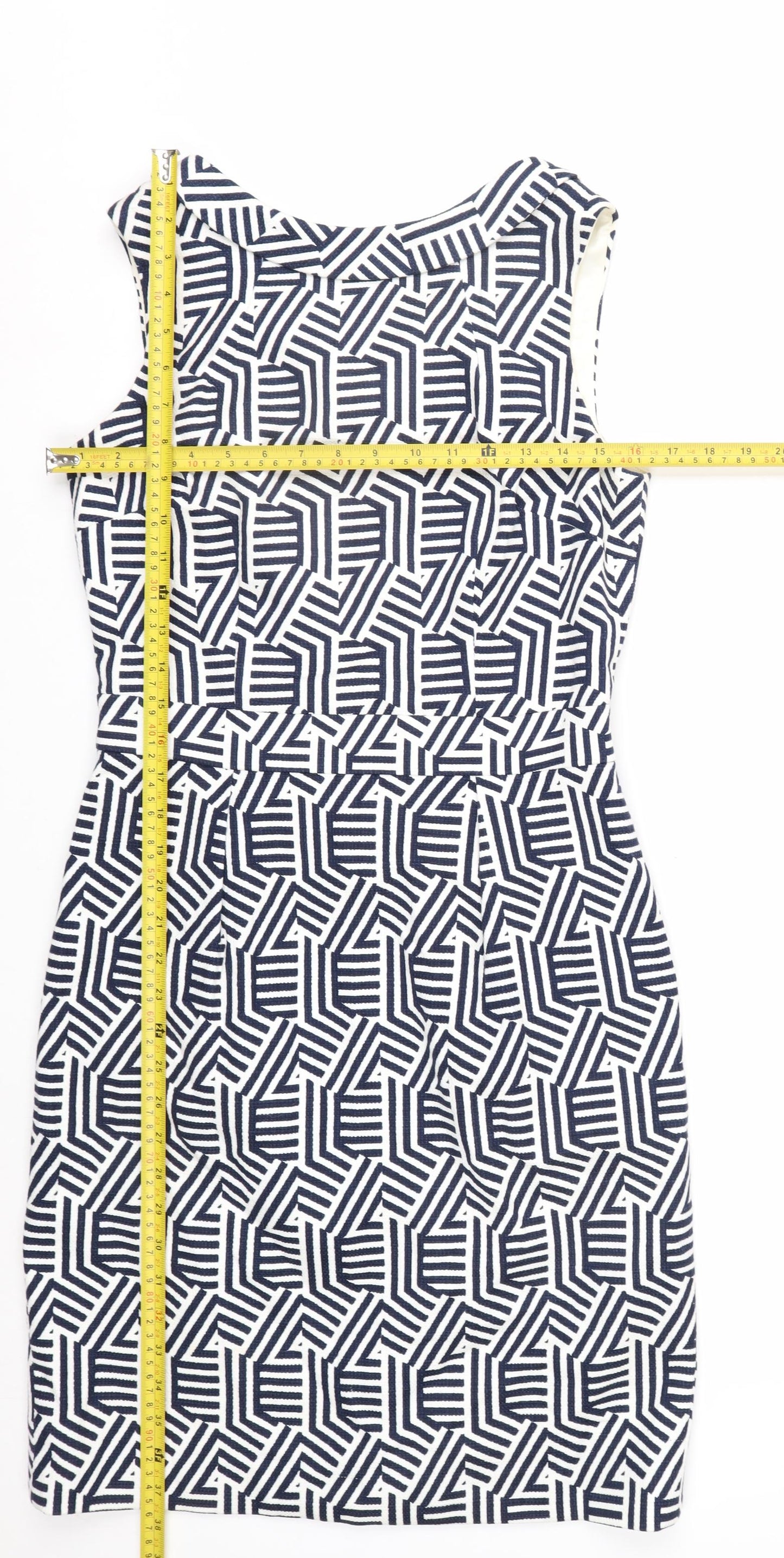 Boden Women’s Blue White Geometric Sheath Dress Size 10 Sleeveless