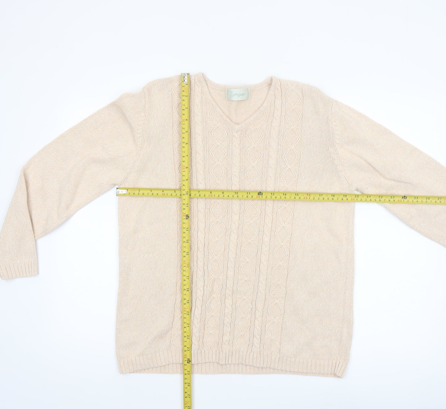 Jumper Women Beige V-Neck Cable-Knit Cotton Pullover L