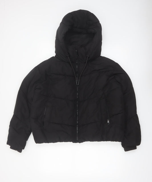 Zara Women Black Puffer Jacket Hooded Size 12 Polyester Short Winter Coat