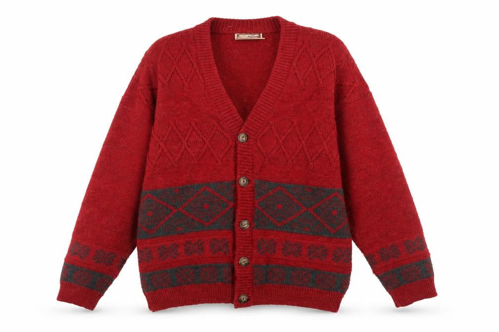 Luidiana Company Men's Red Wool Alpaca Cardigan M Fair Isle Knit