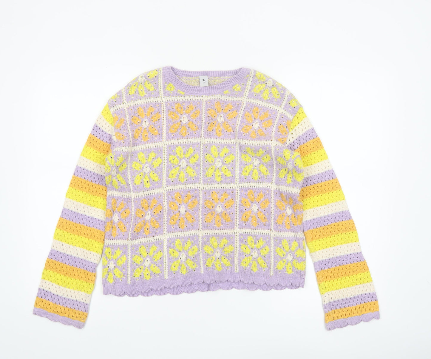 Tu Girls Lilac Yellow Crochet Knit Cotton Pullover Jumper 12 Years