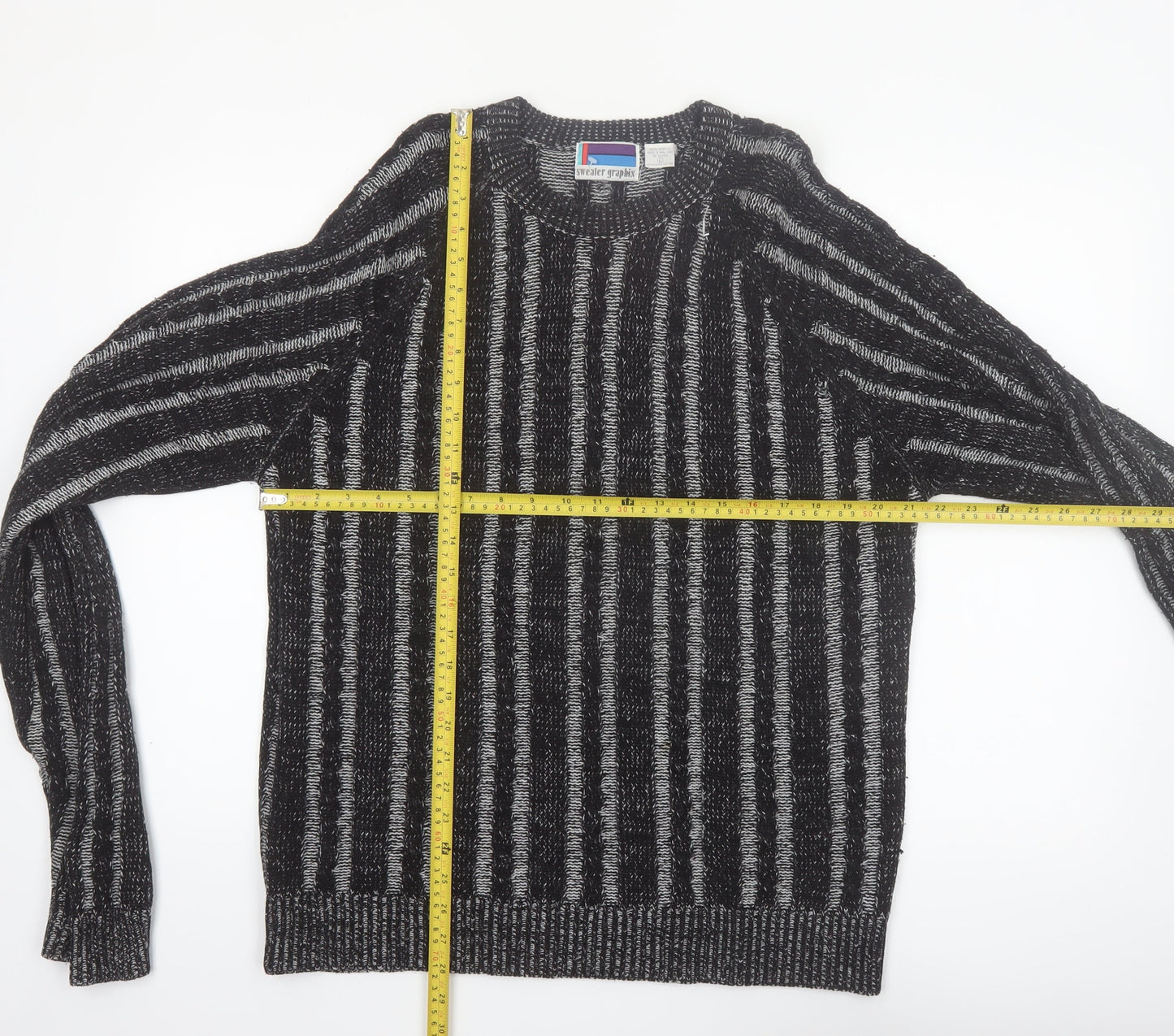 Sweater Graphix Men's Black Striped Acrylic Crew Neck Jumper L Vintage